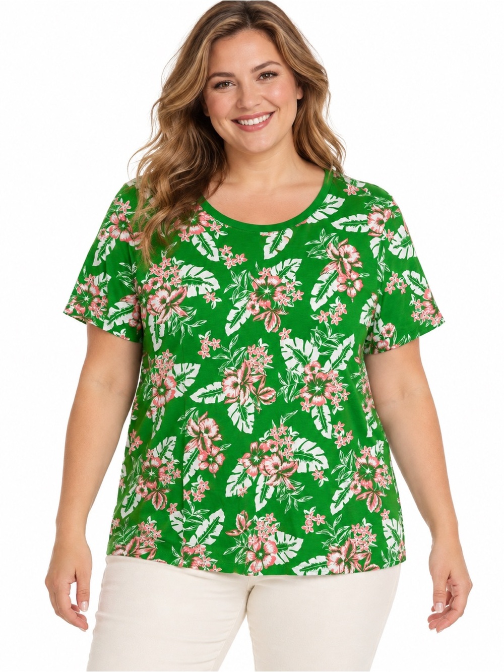 Lands’ End Women’s Green Pink & White Floral Cotton Short Sleeve Top XL